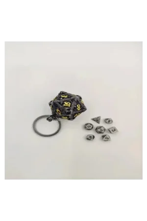 Uitverkoop Key ring - D20 - with set of 7 mini 5mm metal dice Sleutelhanger