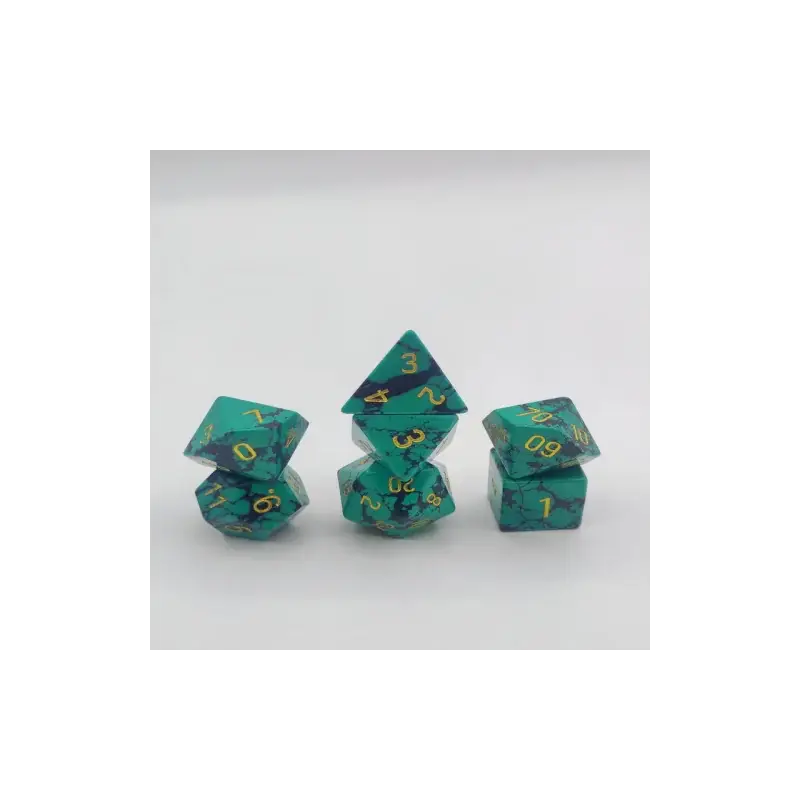 Semi Precious Stone Dice - Set of 7 dice with metal box - Synthetic - Black and Turquoise Blue Seizoensaanbieding