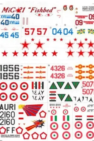 Sticker Mikoyan MiG-21 Fishbed (15) Blue 40 White outline 44 White outline 17 Red 06 White outline 17 Blue 45 Blue 04 Red 57 all Betrouwbaar