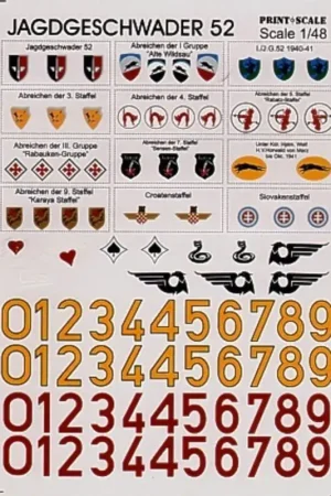Hoge Kwaliteit Sticker Jagdgeschwader 52 Group and Staffel badges and fighter code numbers in yellow outlined black and red .
