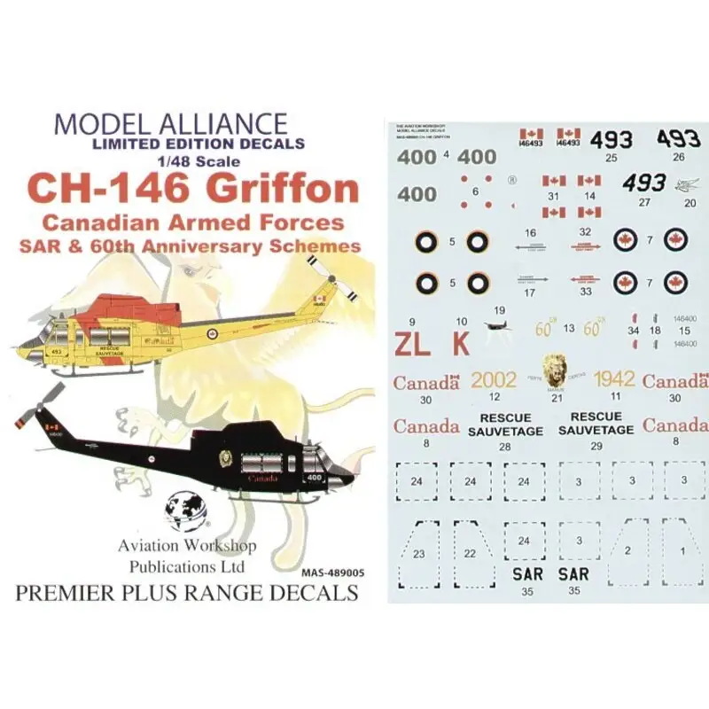Superprijs Sticker CH-146 Griffon CanadianAF (2) 146493 417 Squadron SAR scheme overall yellow with red trim 146400 427 Squadron ZL-K 60th
