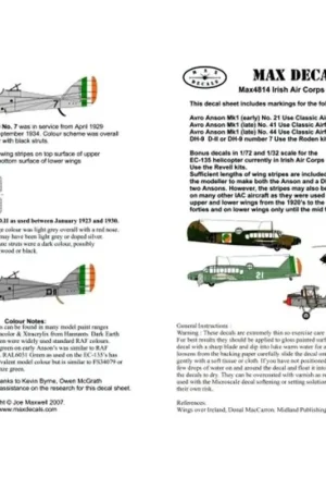 Tijdelijk Beschikbaar Sticker Irish Air Corps Selection (6) Avro Anson Mk.I No 44 with stripes on wings 1939 No 41 Roundel on upper wing stripes below