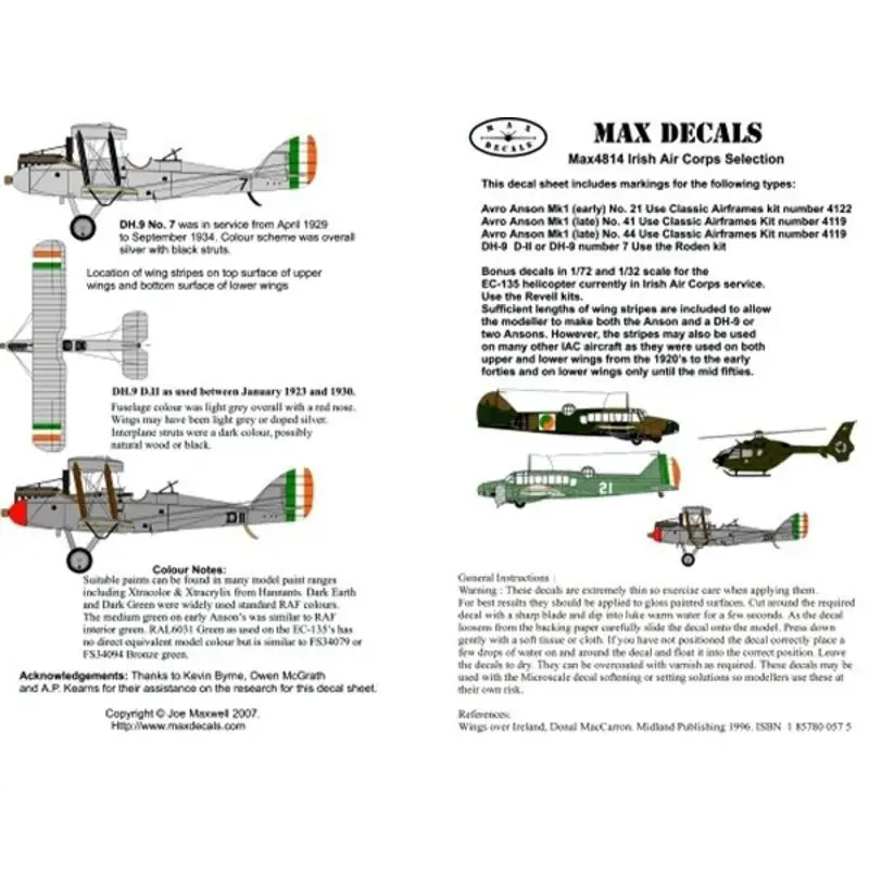 Tijdelijk Beschikbaar Sticker Irish Air Corps Selection (6) Avro Anson Mk.I No 44 with stripes on wings 1939 No 41 Roundel on upper wing stripes below