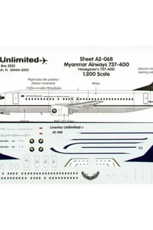Sticker Boeing 737-400 MYANMAR AIRWAYS 9M-MMH(Burma) Decal Beperkt Aanbod
