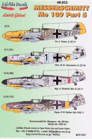 Sticker Messerschmitt Bf 109 Pt 5 (4) E-3 Yellow 3 6/JG51 Fw A.Hasse yellow nose and rudder F-4 Black 1 8./JG 54 Oblt M. Osterma Express Levering