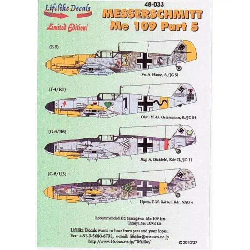 Sticker Messerschmitt Bf 109 Pt 5 (4) E-3 Yellow 3 6/JG51 Fw A.Hasse yellow nose and rudder F-4 Black 1 8./JG 54 Oblt M. Osterma Express Levering