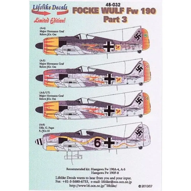 Sticker Focke Wulf Fw 190A Pt 3 (4) Three aircraft flown by Major Hermann Graf all with slight variations. Red tulip petals on y Direct Verzonden