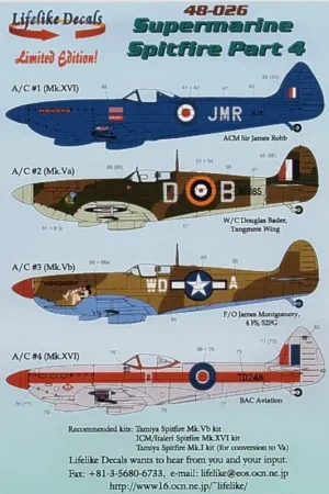 Direct Verzonden Sticker Supermarine Spitfire Pt 4 (4) Mk.Va W3185 D-B W/C Douglas Bader Tangmeer Wing Mk.Vb WD-A USAAC 4FS 52FG F/O James Montgo