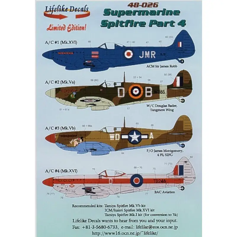 Direct Verzonden Sticker Supermarine Spitfire Pt 4 (4) Mk.Va W3185 D-B W/C Douglas Bader Tangmeer Wing Mk.Vb WD-A USAAC 4FS 52FG F/O James Montgo