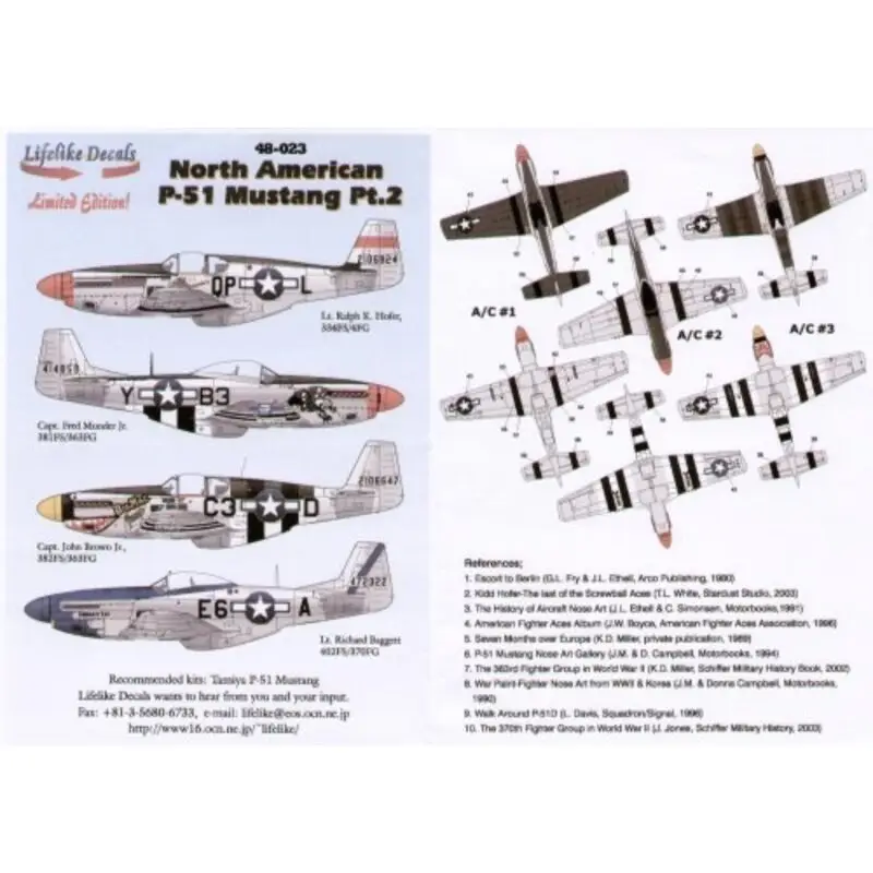 Sticker North American P-51B/D (4) B 42-106924 QP-L 334FS/4FG Lt Ralph Hofer 42-106647 C3-D 382FS/363FG `Big Mac Junior′ D 44-72 Betaalbaar