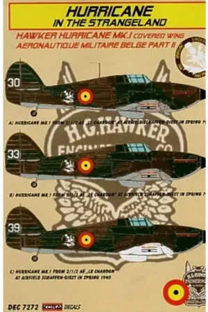 Bestel Nu Sticker Hawker Hurricane Mk.I in Belgian service (3) Nos 30 33 39 1940 Includes resin wheels