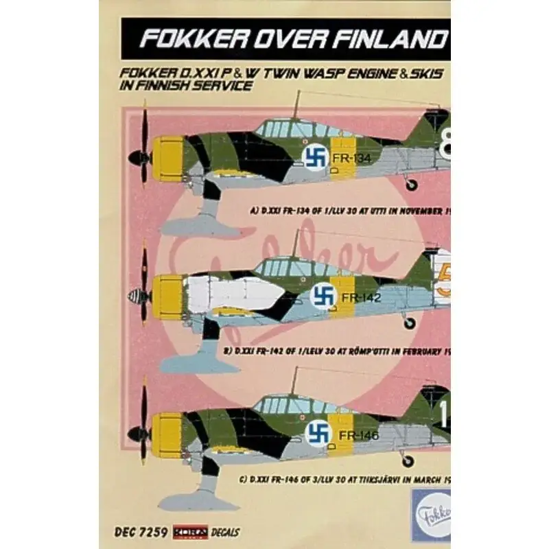 Korting Sticker Fokker Over Finland. Fokker D.XXI Pratt & Whitney Twin Wasp Engine & Skis in Finnish Service