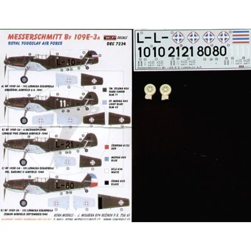 Sticker Messerschmitt Bf 109E-3a Royal Yugoslav Air Force Choice of 3 Nos 10 21 80 Decal Op = Op