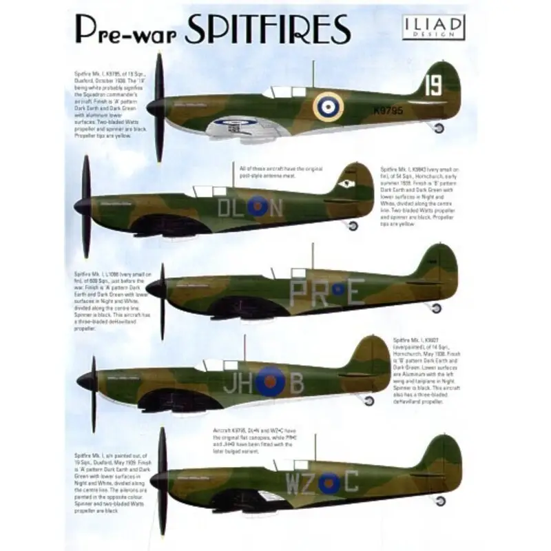 Shop Nu Sticker Pre-War Supermarine Spitfire (5) K9795 19 Squadron DuxFord 1938 2 bld prop K9843 DL-N 54 Squadron Hornchurch 1939 2 bld