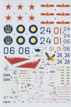 Dagaanbieding Sticker Sukhoi Su-27 Flanker (4) All 1992 schemes. Blue 24 582 Fighter Regt CIS Air Force 1992 Red 10 Russian Air Force Training