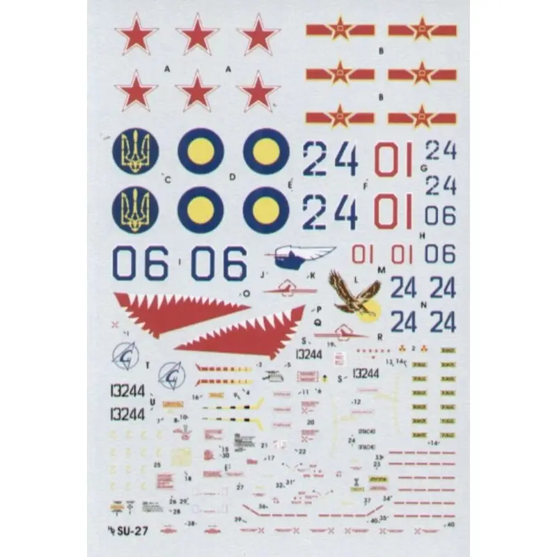 Dagaanbieding Sticker Sukhoi Su-27 Flanker (4) All 1992 schemes. Blue 24 582 Fighter Regt CIS Air Force 1992 Red 10 Russian Air Force Training