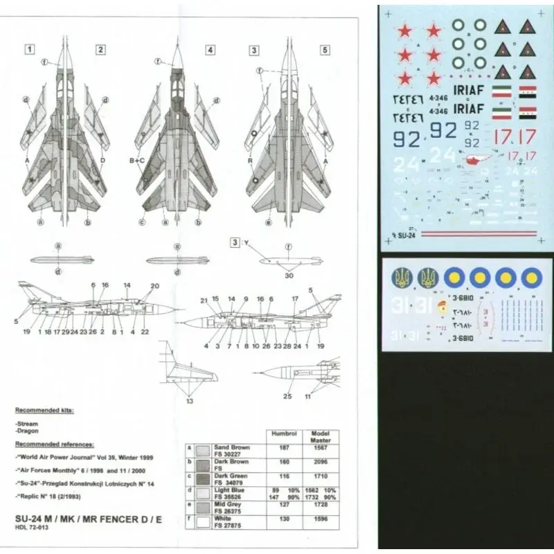 Sticker Sukhoi Su-24 Fencer C/D (5) Soviet Blue 92 1991 Red 17 1987 White 24 1988 Iraqi 1991 Iran 1991 ex Iraqi various camoufla Actieprijs