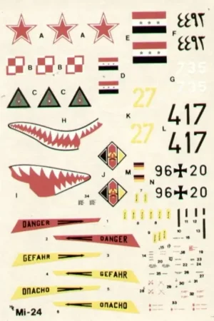 Sticker Mil Mi-24 Hind D/E (5) Soviet Yellow 27 Polish 1991 sharkmouth Iraqi 1991 E. German Black 417 1981 German Army 96+20 Tijdelijk Beschikbaar