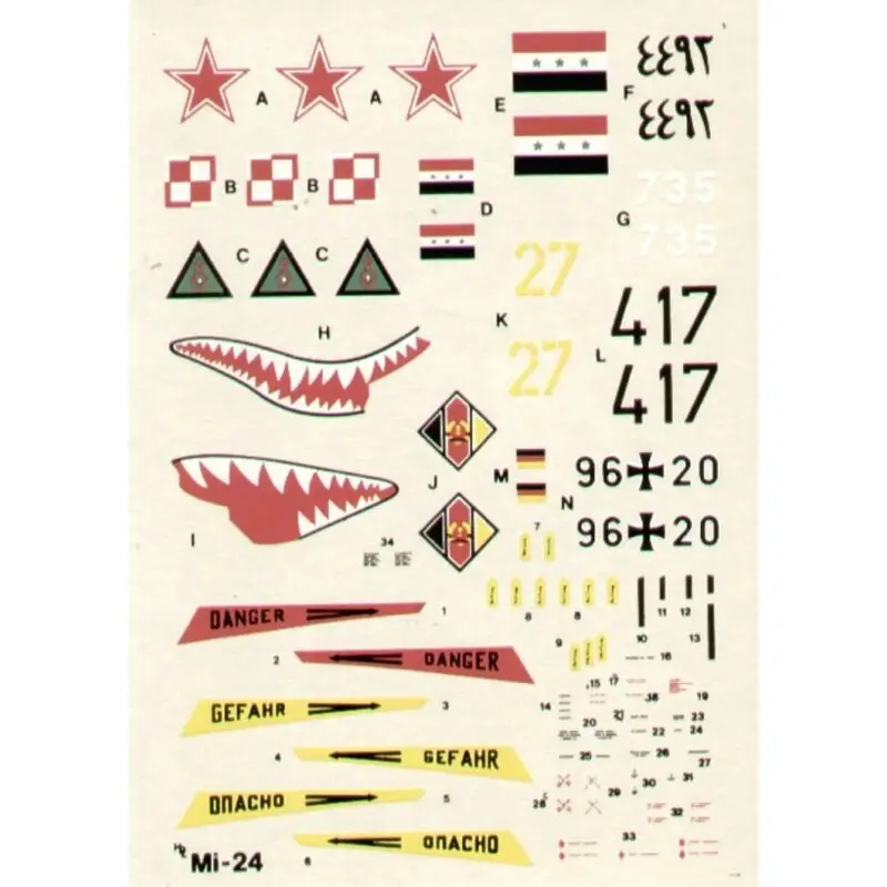 Sticker Mil Mi-24 Hind D/E (5) Soviet Yellow 27 Polish 1991 sharkmouth Iraqi 1991 E. German Black 417 1981 German Army 96+20 Tijdelijk Beschikbaar