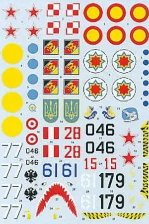 Merkproduct Sticker Mikoyan MiG-29UB (7) Red 28 1st Fighter Regt Polish Air Force 1997 Blue 61 3rd Fighter Squadron Ukraine Air Force 1995 W