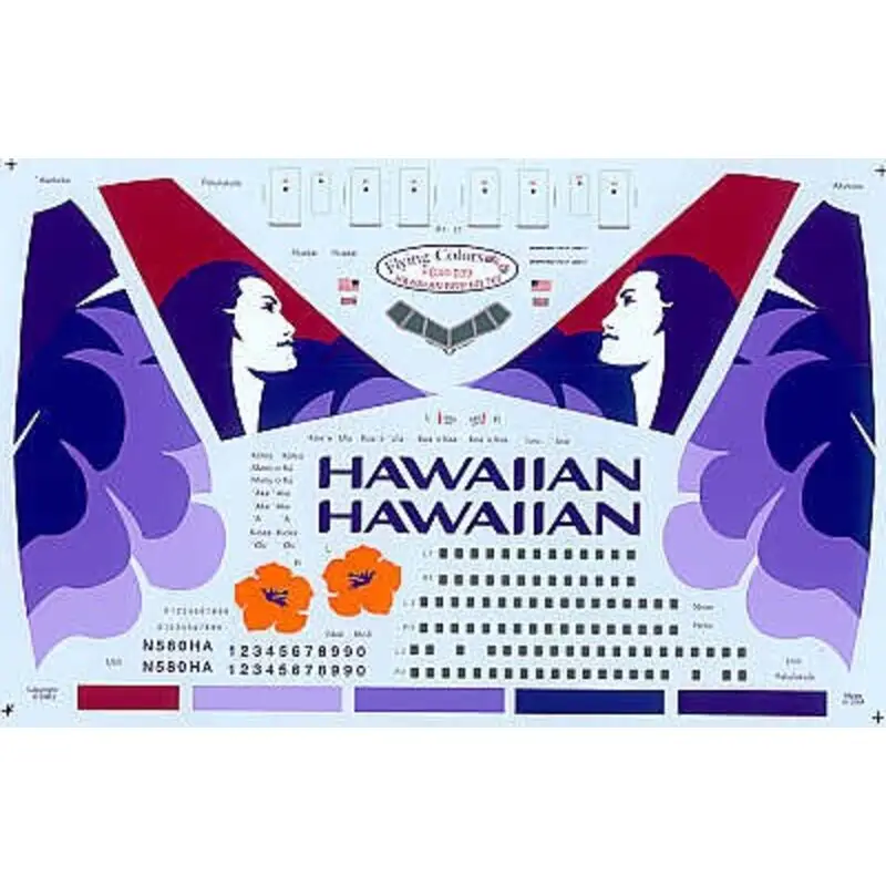 Sticker Boeing 767 HAWAIIAN Airlines 2002 scheme. All Registration and names. Revised and reprinted for use on either the Revell Gecertificeerd