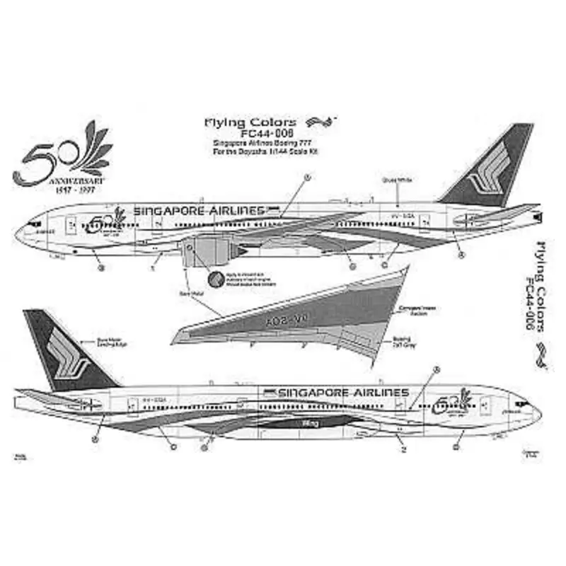 Exclusieve Aanbieding Sticker Boeing 777 SINGAPORE AIRLINES (RR) 50th Anniversary 9V-SQA Decal