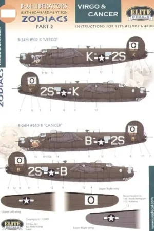 Sticker Consolidated B-24H 834 BS `Zodiacs′ Part 2. (2) 42-52532 2S-K `Virgo′ 42-52650 2S-B `Cancer′. Nose art specially printed Nieuw