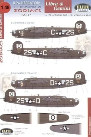 Sticker Consolidated B-24H 834 BS `Zodiacs′ Part 1. (2) 42-52508 2S-C `Libra′ 41-29490 2S-D `Gemini′ Nose art specially printed. Hoge Kwaliteit