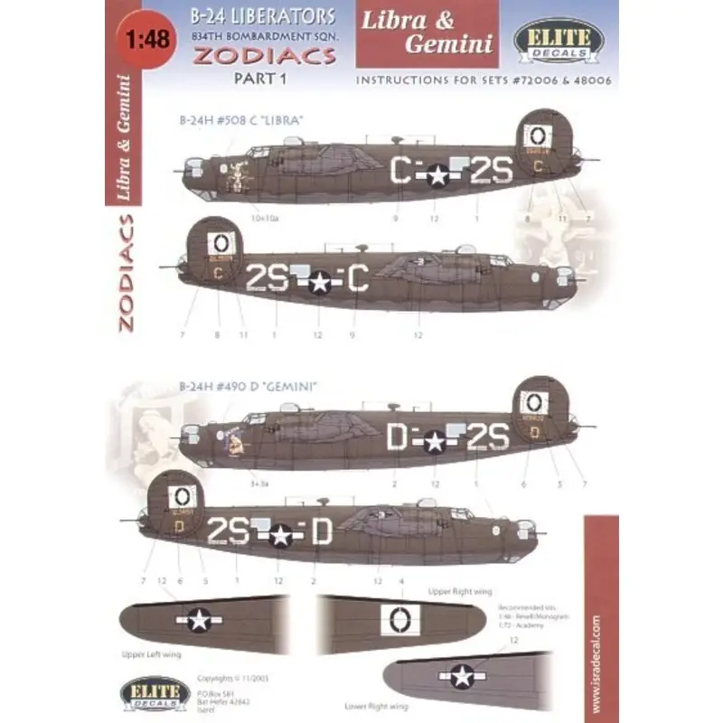 Sticker Consolidated B-24H 834 BS `Zodiacs′ Part 1. (2) 42-52508 2S-C `Libra′ 41-29490 2S-D `Gemini′ Nose art specially printed. Hoge Kwaliteit