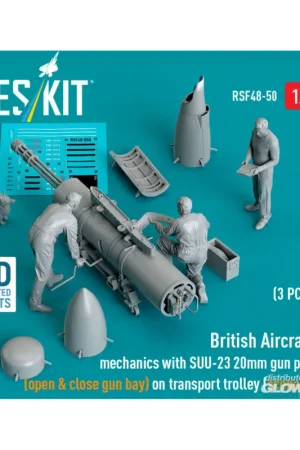 Koop Vandaag British Aircraft mechanics with SUU-23 20mm gun pod (open & close gun bay) on on transport trolley (scene 1) (3 pcs) (3D Printed