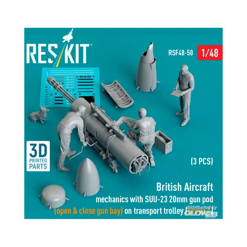 Koop Vandaag British Aircraft mechanics with SUU-23 20mm gun pod (open & close gun bay) on on transport trolley (scene 1) (3 pcs) (3D Printed