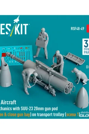 US Aircraft mechanics with SUU-23 20mm gun pod (open & close gun bay) on transport trolley (scene 1) (3 pcs) (3D Printed) Korting