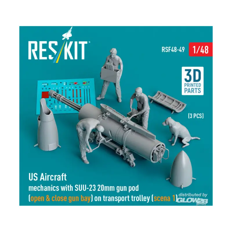 US Aircraft mechanics with SUU-23 20mm gun pod (open & close gun bay) on transport trolley (scene 1) (3 pcs) (3D Printed) Korting