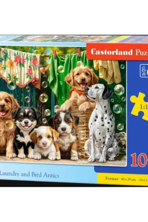 Puppies laundry and bird antics Puzzel Lage Prijs