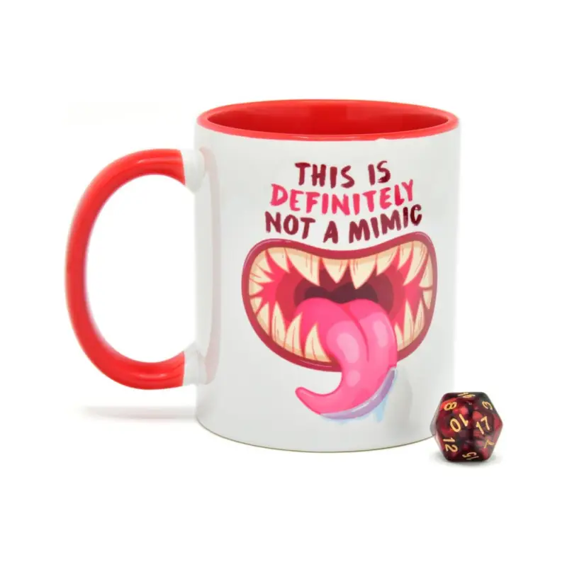 Uitverkoop Glassstaff mug pack with D20 Not a Mimic dice