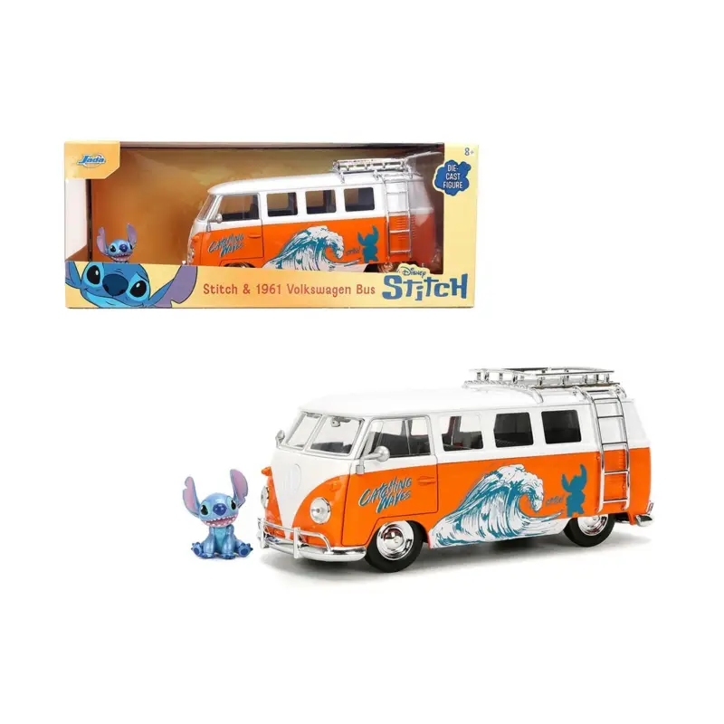 Volkswagen bus w/ stitch figure orange hollywood rides 1961 1/24 Miniatuur Hoge Kwaliteit