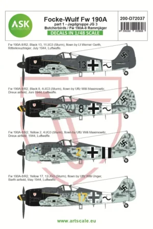 Focke-Wulf Fw-190A-8/R2 part 1 - Butcherbirds. Jagdgruppe JG 3 Rammjäger. Catalog no. 200-D72037The decal sheet contains follows Favoriet