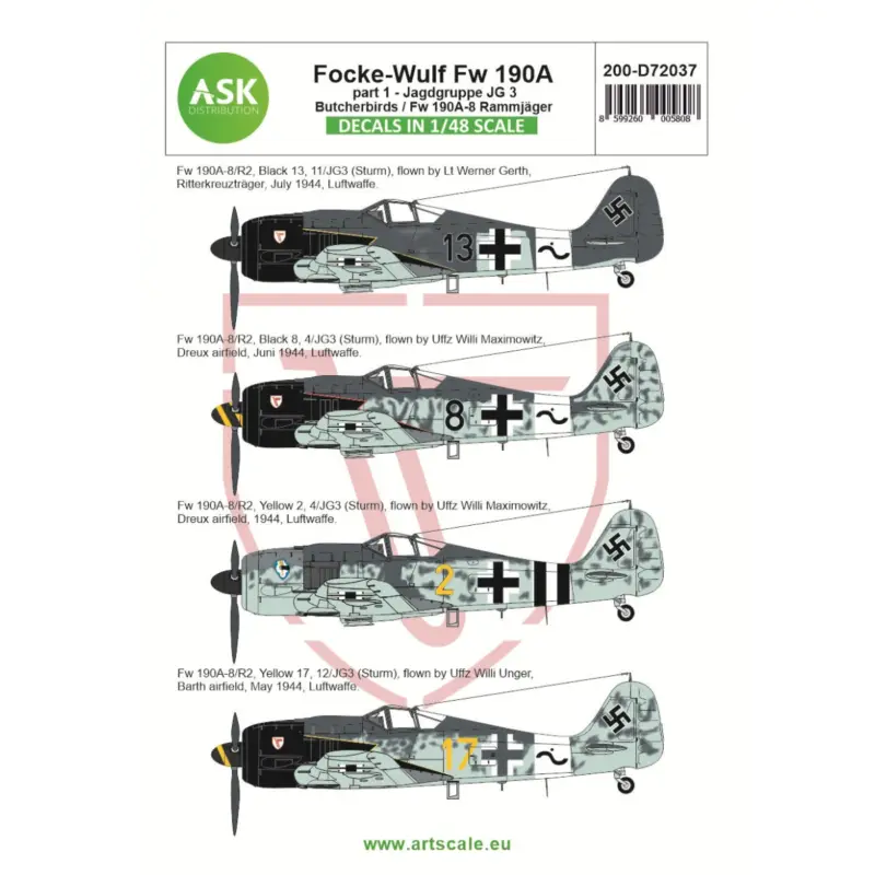 Focke-Wulf Fw-190A-8/R2 part 1 - Butcherbirds. Jagdgruppe JG 3 Rammjäger. Catalog no. 200-D72037The decal sheet contains follows Favoriet