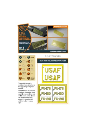 F-86A pre-cut patterns for numbers and lettering painting mask on 'yellow kabuki paper' for CP4825 kit Populair