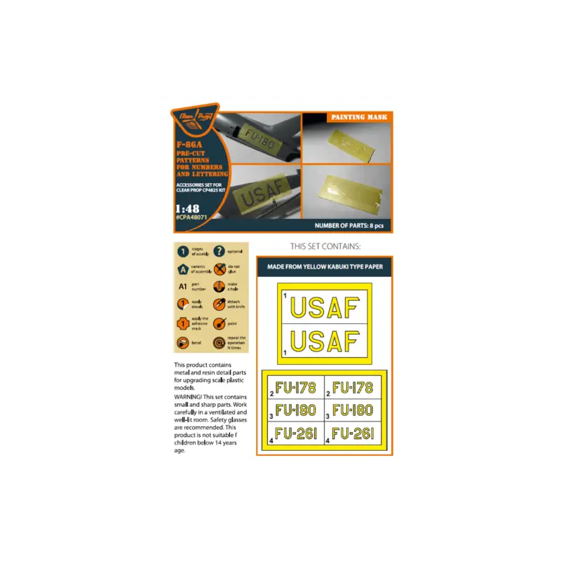 F-86A pre-cut patterns for numbers and lettering painting mask on 'yellow kabuki paper' for CP4825 kit Populair