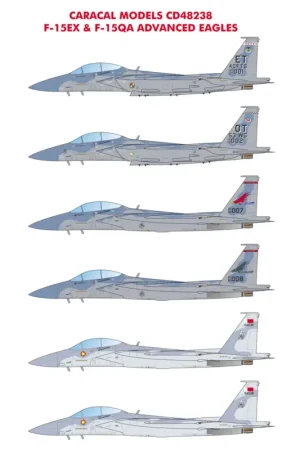 Hete Deal F-15EX & F-15QA Advanced EaglesThis decal sheet showcases markings for the latest and most advanced version of the iconic F-15 E