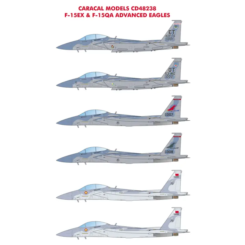 Hete Deal F-15EX & F-15QA Advanced EaglesThis decal sheet showcases markings for the latest and most advanced version of the iconic F-15 E