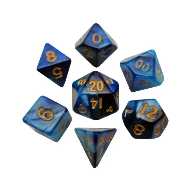 FanRoll - Sharp Mini Blue/Light Blue dice pack with Gold Numbers (7) Koop Online