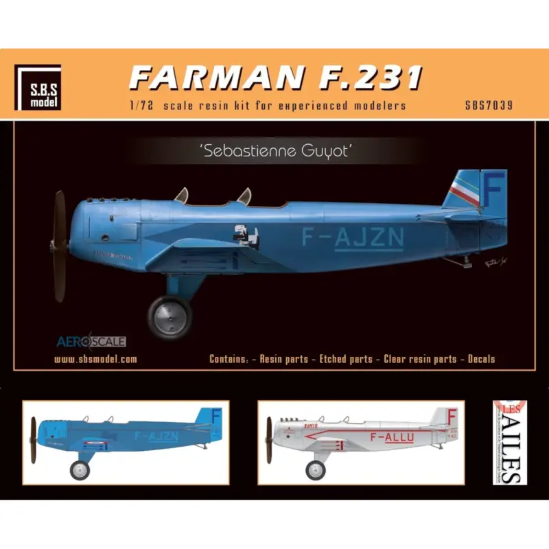 Farman F.231 'Sebastienne Guyot' full resin kitContains: Resin parts - PE - Decals - MaskThis is a reissue with new parts and de Op = Op