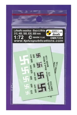 Decal Luftwaffe Swastikas - Black & White, 2 setsinsignia sizes: 315,400,500,630,800 mmscale sizes: 4.4;5.6;6.9;8.8;11.1 mm Voordeelprijs