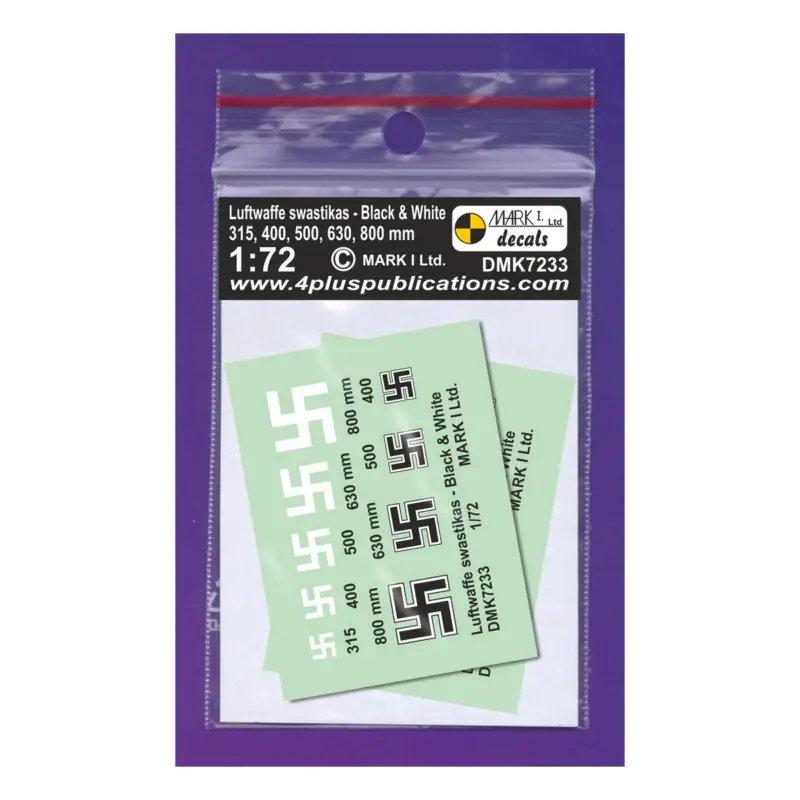 Decal Luftwaffe Swastikas - Black & White, 2 setsinsignia sizes: 315,400,500,630,800 mmscale sizes: 4.4;5.6;6.9;8.8;11.1 mm Voordeelprijs