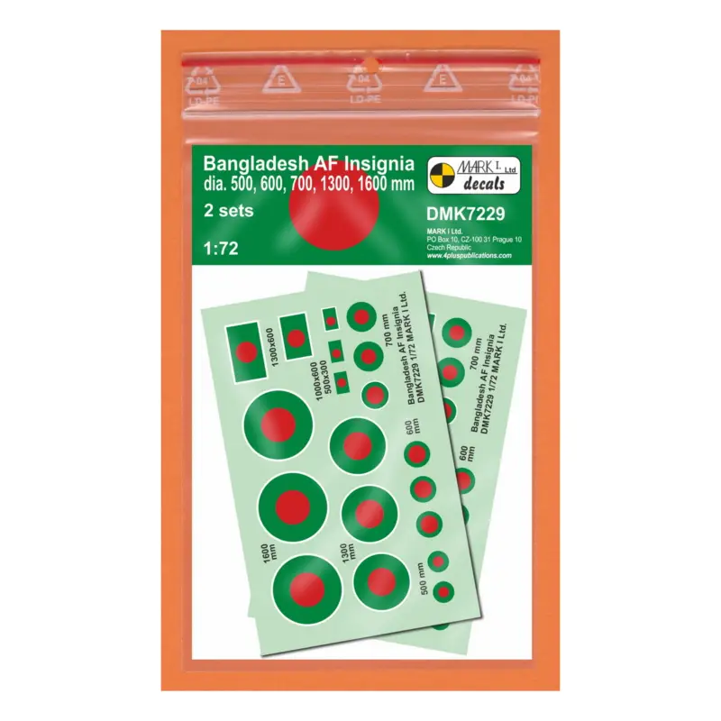 Decal Bangladesh Air Force Insignia, 2 setssignia diameters: 500,600,700,1300,1600 mmscale diameters: 6.9;8.3;9.7;18.0;22.2 mmfl Laatste Versie