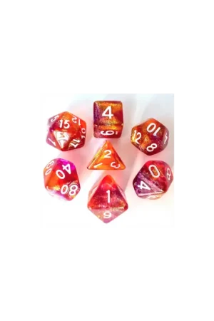 Beste Prijs Set of 7 Resin Dice in Box - Purple and Orange Glitter