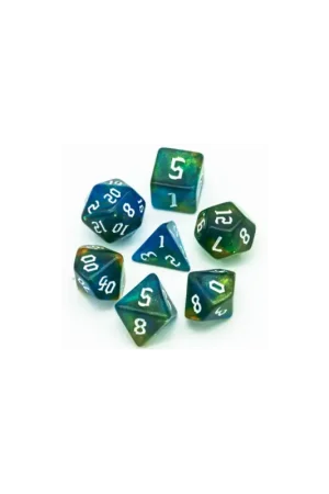 Set of 7 Resin Dice in Box - Green and Blue Glitter Koopje