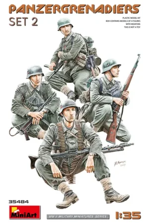 PANZERGRENADIERS SET 2 1:35 scale plastic model kit featuring four highly detailed WWII German infantry figures. This set is per Direct Beschikbaar